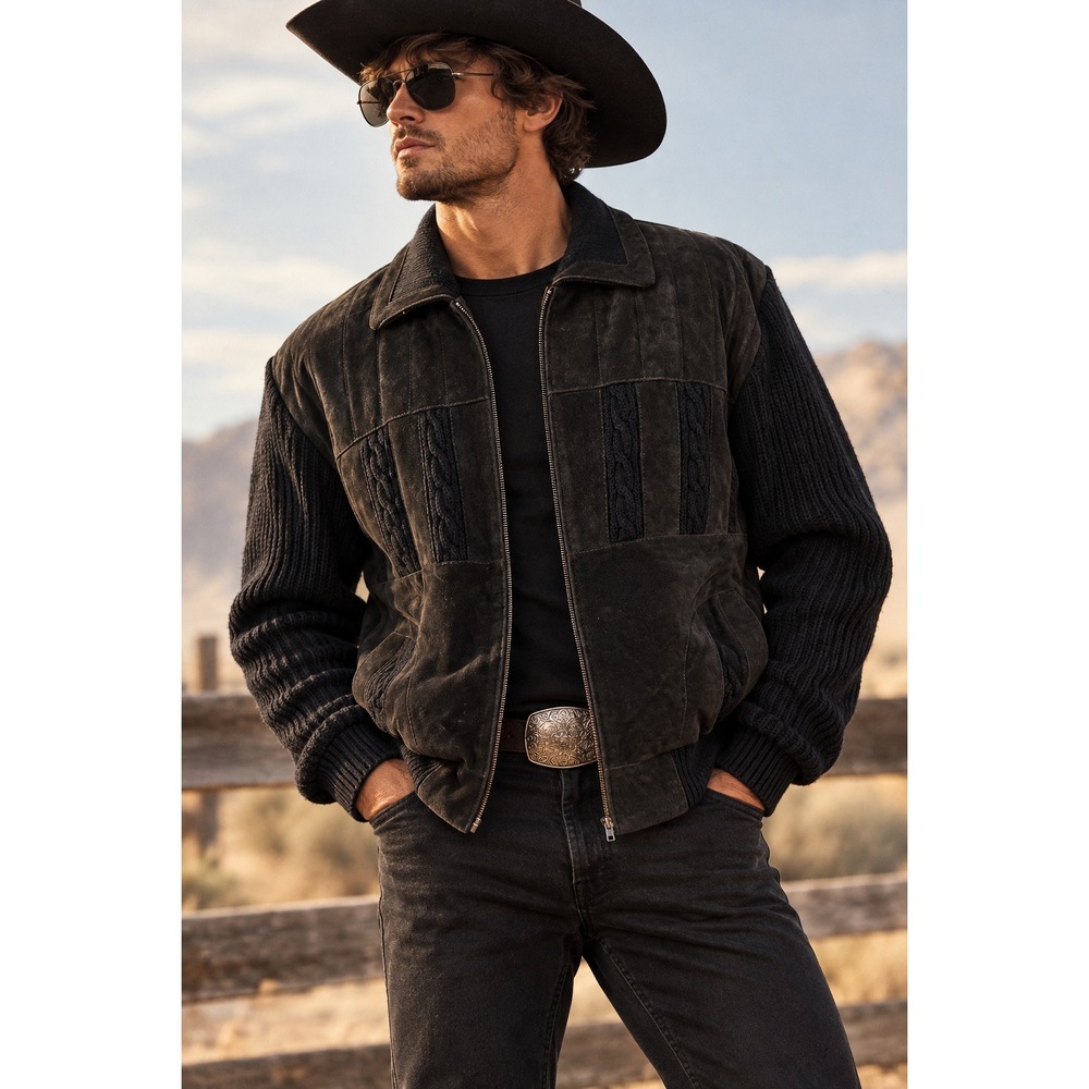 Peter Et Jon Mens XL Black Suede Leather Knit Mixed Media Bomber Jacket Zip Up